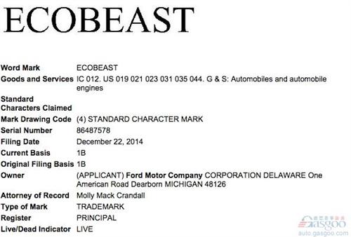 福特注册EcoBeast商标 或基于EcoBoost打造新发动机