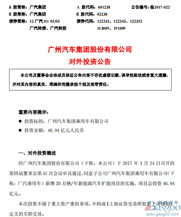 投资扩建，广汽集团新能源,广汽传祺新能源,广汽集团公告