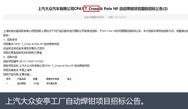 ，大众新小SUV,T-Cross，上汽大众招标