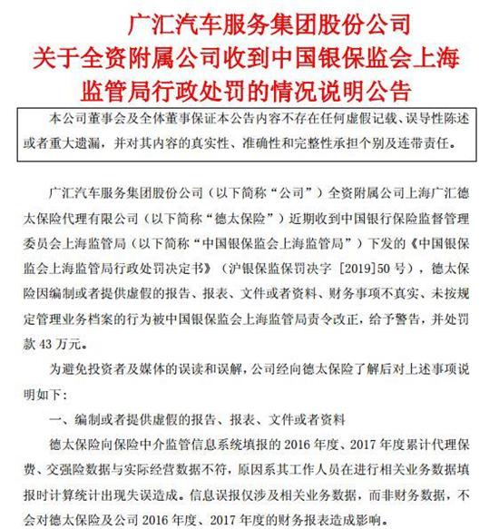 严管车险代理乱象 广汇汽车子公司编制虚假报告遭罚