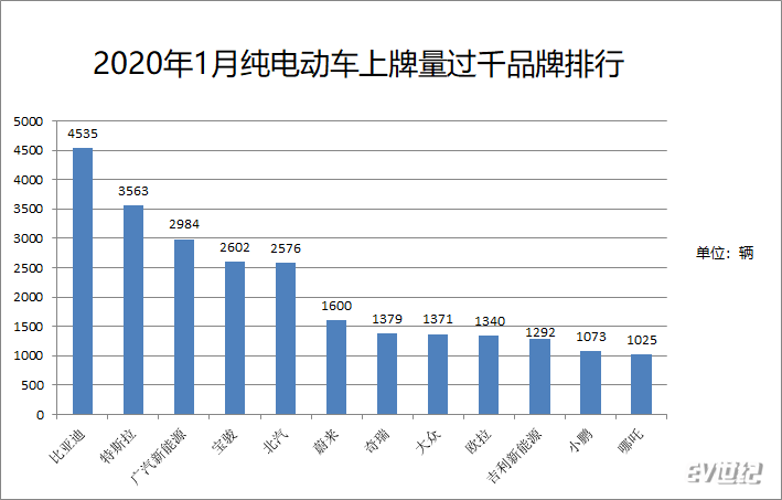 2020年1月纯电动品牌上牌量 比亚迪总量最多 国产Model 3单车型夺冠