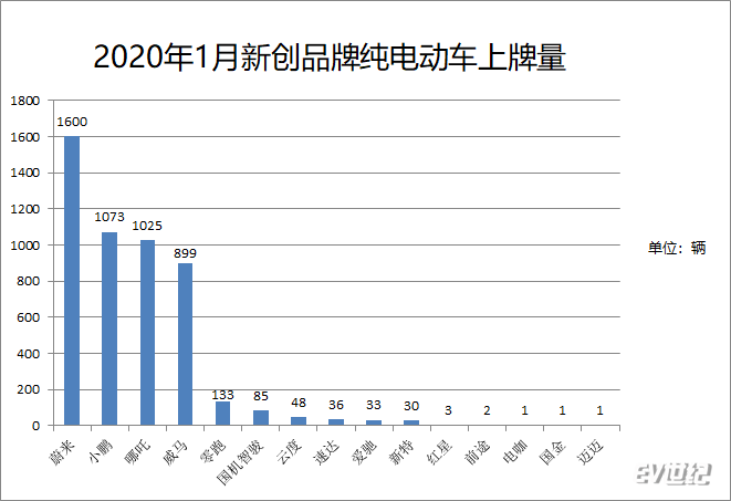 2020年1月纯电动品牌上牌量 比亚迪总量最多 国产Model 3单车型夺冠