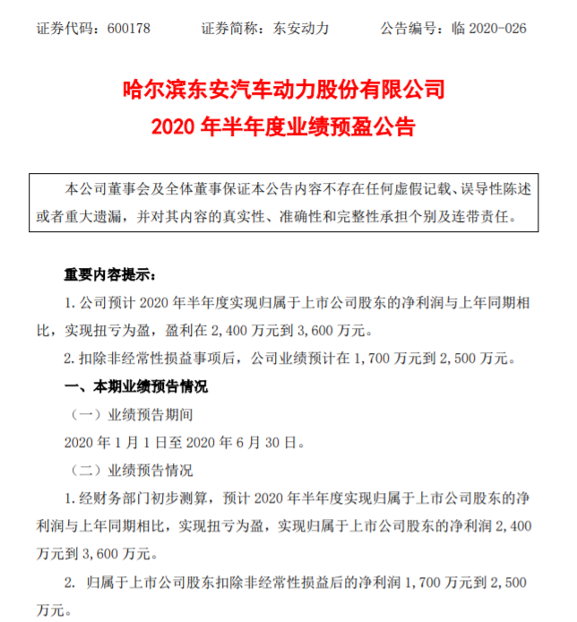 东安动力预计2020年上半年净利同比扭亏为盈