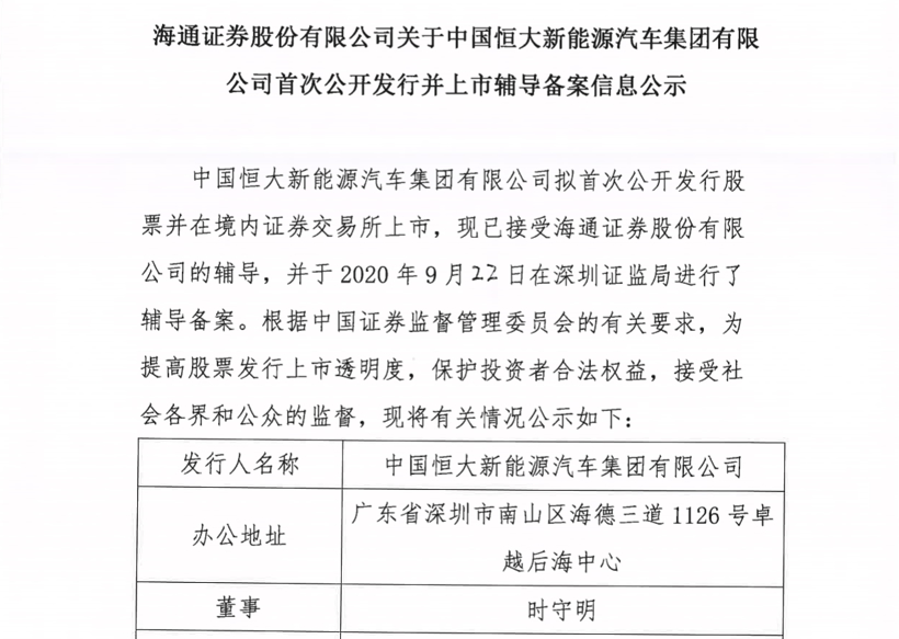 恒大汽车启动科创板上市辅导 午后股价涨幅超6%