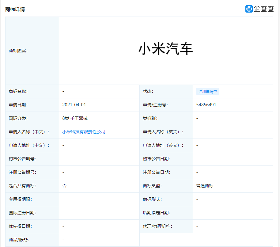 小米科技公司正式申请注册“小米汽车”商标