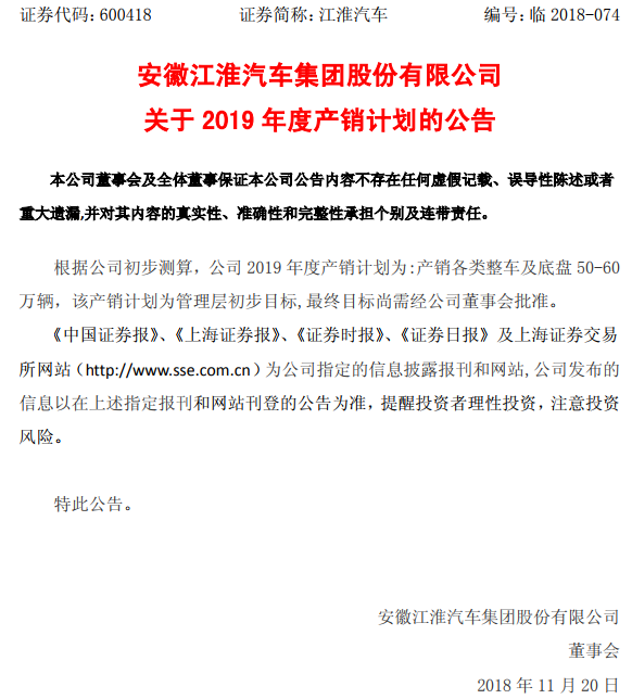 江淮汽车发布2019年产销计划 拟产销各类整车及底盘50-60万辆