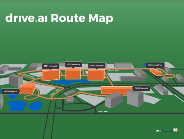 图2：Drive.ai的无人驾驶汽车在德克萨斯州弗里斯科运行的路线图