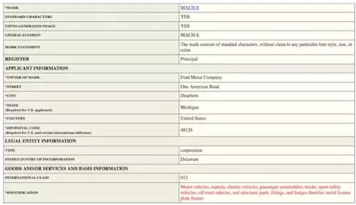 SUV，福特纯电动SUV注册商标,福特纯电动SUV命名mach E