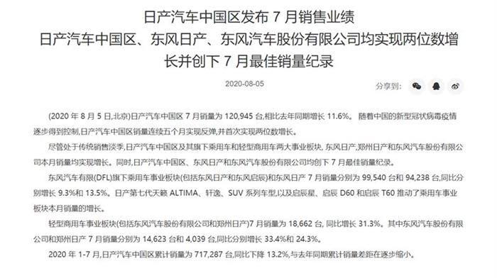 7月同比增长13.5%，东风日产累销54.5万辆