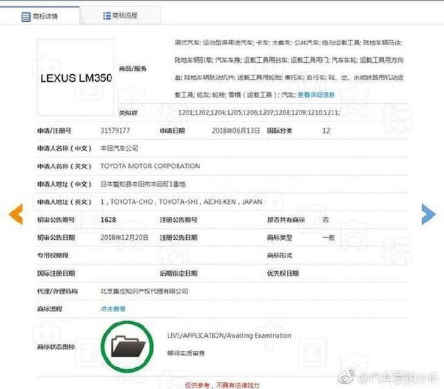 丰田在华注册新商标,LEXUS LM350/LM300h，雷克萨斯MPV
