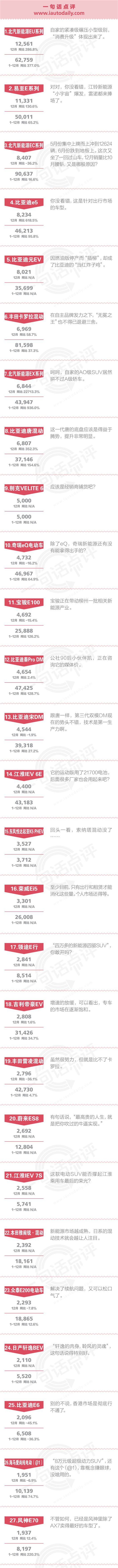 一句话点评12月份以及全年新能源：5221格局下，是A0级SUV和插电混动的春天