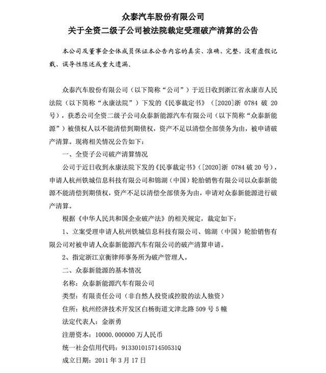 众泰新能源破产清算 十年探索一声叹息