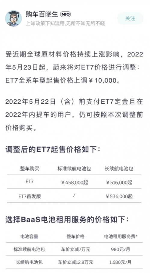 蔚来旗舰电轿ET7宣布涨价 全系上调一万元