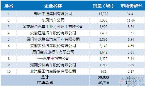 2015年1-8月中型客车企业销量前十统计