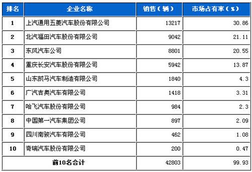 2013年2月微型载货车企销量前十统计