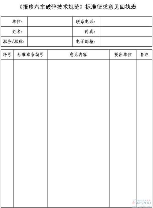 关于《报废汽车破碎技术规范(征求意见稿)》 