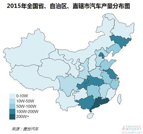 2015年国内乘用车产量布局：广东产量最高 破200万