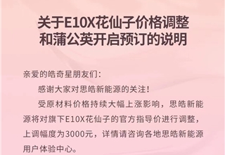 因原材料价格大幅上涨 思皓E10X花仙子涨价3000元