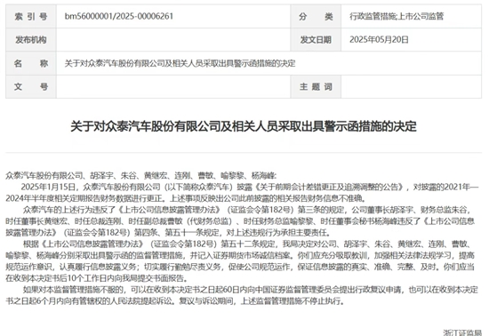 众泰汽车及董事长等人被警示