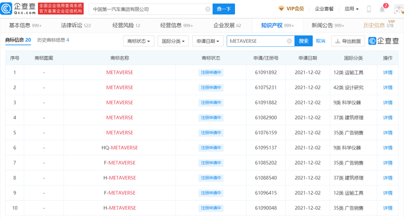 申请元宇宙商标，一汽虽迟但到
