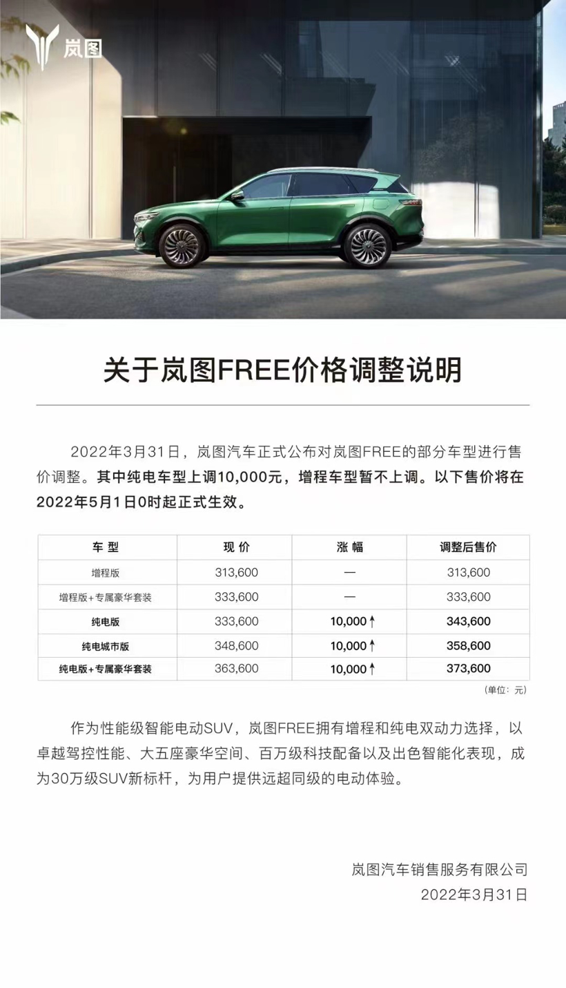 岚图FREE纯电上调1万元 5月1日起生效