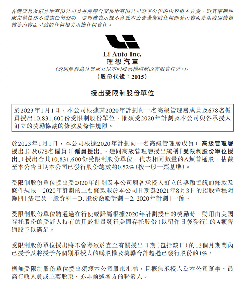 理想汽车向员工授出逾1083万股股份 占总股份的0.52%