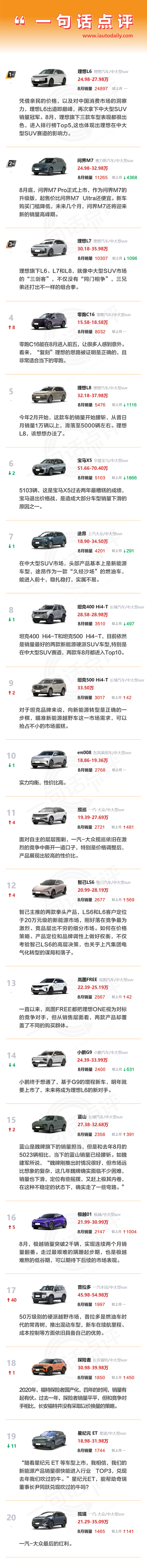 一句话点评8月中大型SUV ：增程车，赢麻了