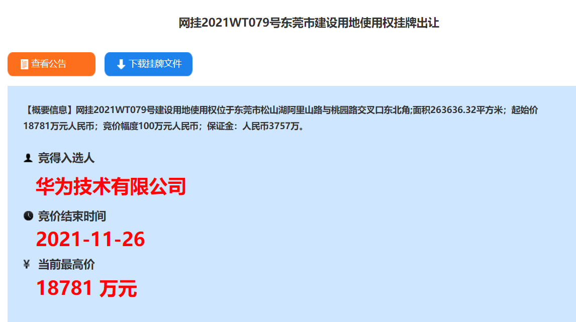 华为豪掷1.88亿元竞得东莞产业用地，押宝智能汽车