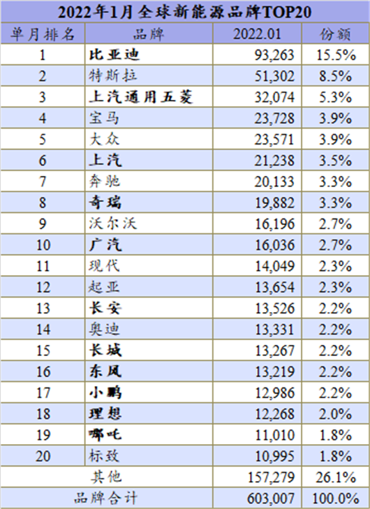 1月全球新能源：自主“称霸”全球