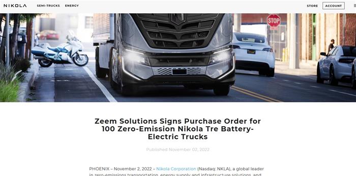 Zeem Solutions 签署 100 辆零排放 Nikola Tre 电动卡车采购订单