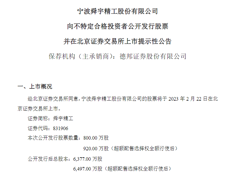 舜宇精工2月22日北交所上市，去年净利润增长超四成