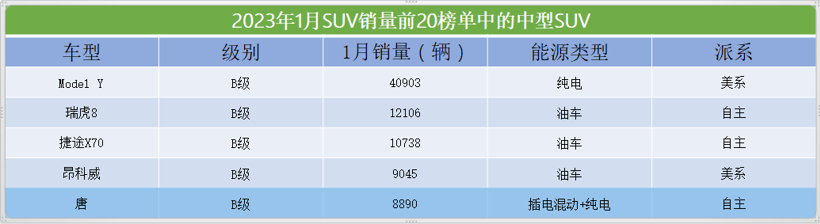 1月SUV市场销量TOP20：特斯拉ModelY夺冠，15款自主车型进榜