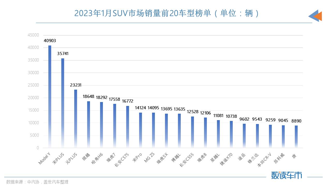 1月SUV市场销量TOP20：特斯拉ModelY夺冠，15款自主车型进榜