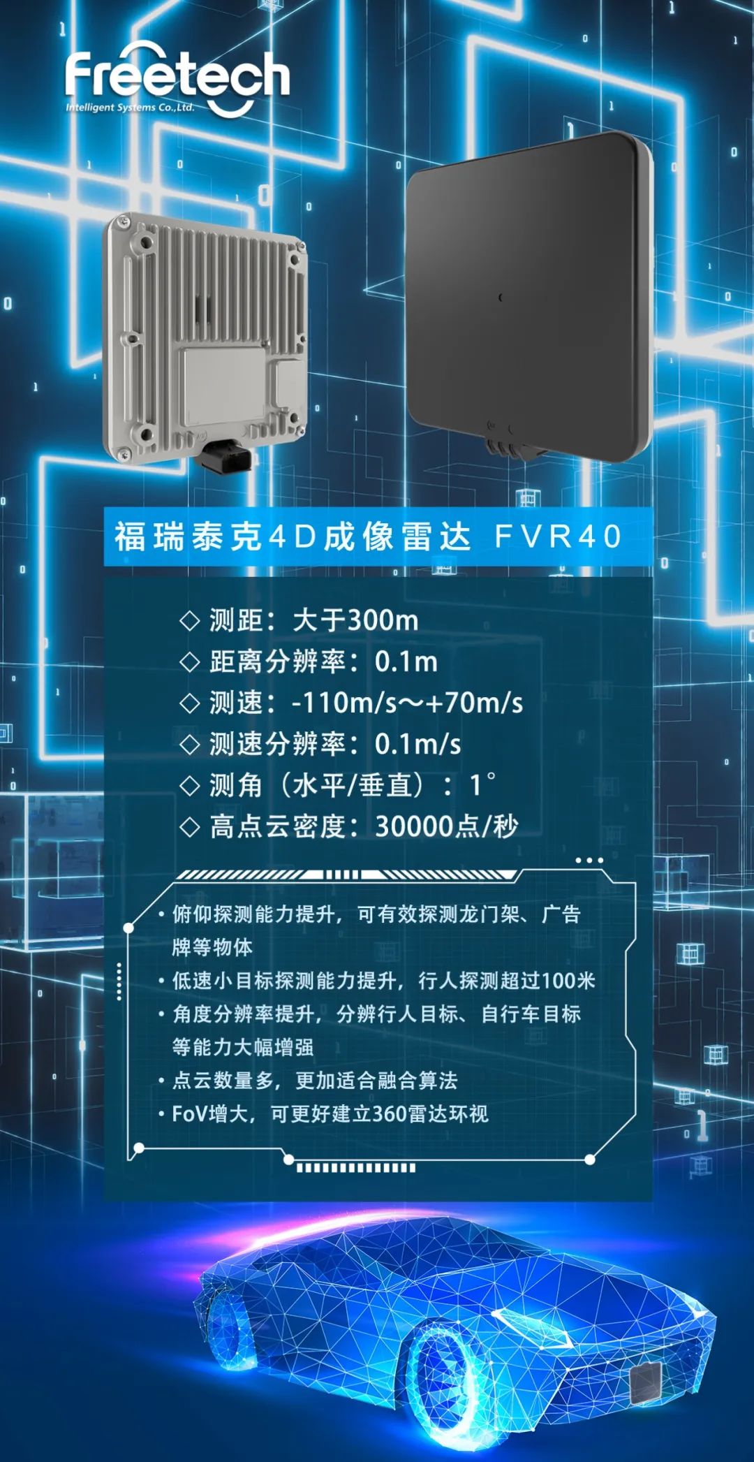 福瑞泰克4D成像毫米波雷达FVR40即将量产交付