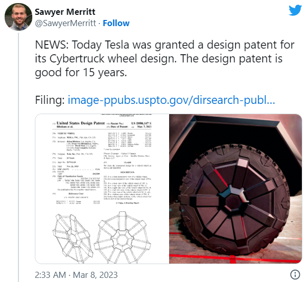 特斯拉获Cybertruck车轮设计专利