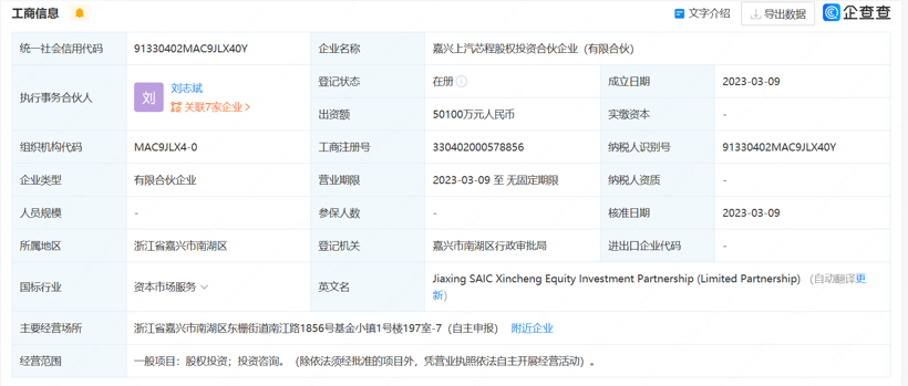 上汽参投成立股权投资合伙企业