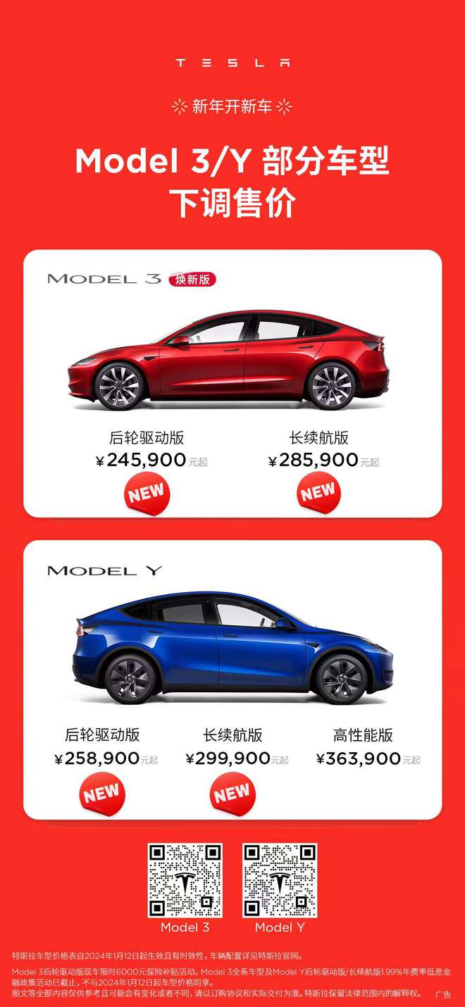 开年降价 特斯拉Model 3/Model Y最高降1.55万