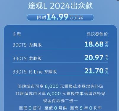 最低售价14.99万元 途观L新增2024出众款车型