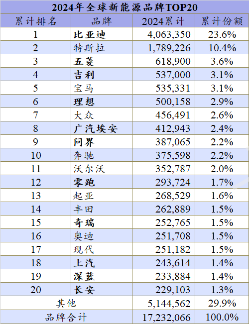 全球新能源排行榜：吉利理想超大众，自主席位已过半数