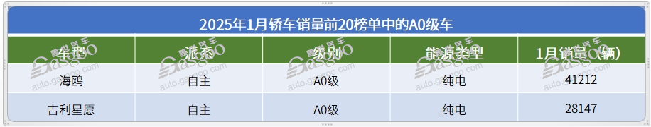 1月轿车销量TOP20：海鸥蝉联冠军，12款车月销破2万