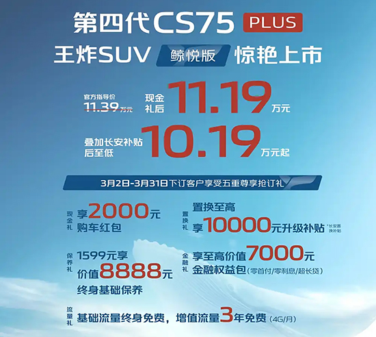 长安CS75PLUS鲸悦版正式上市 售价11.39万元