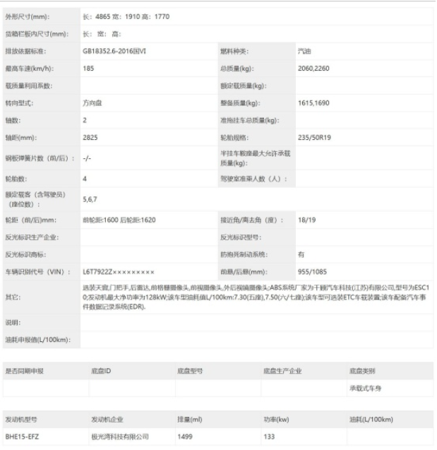 新款吉利豪越L申报图曝光 搭载1.5T发动机