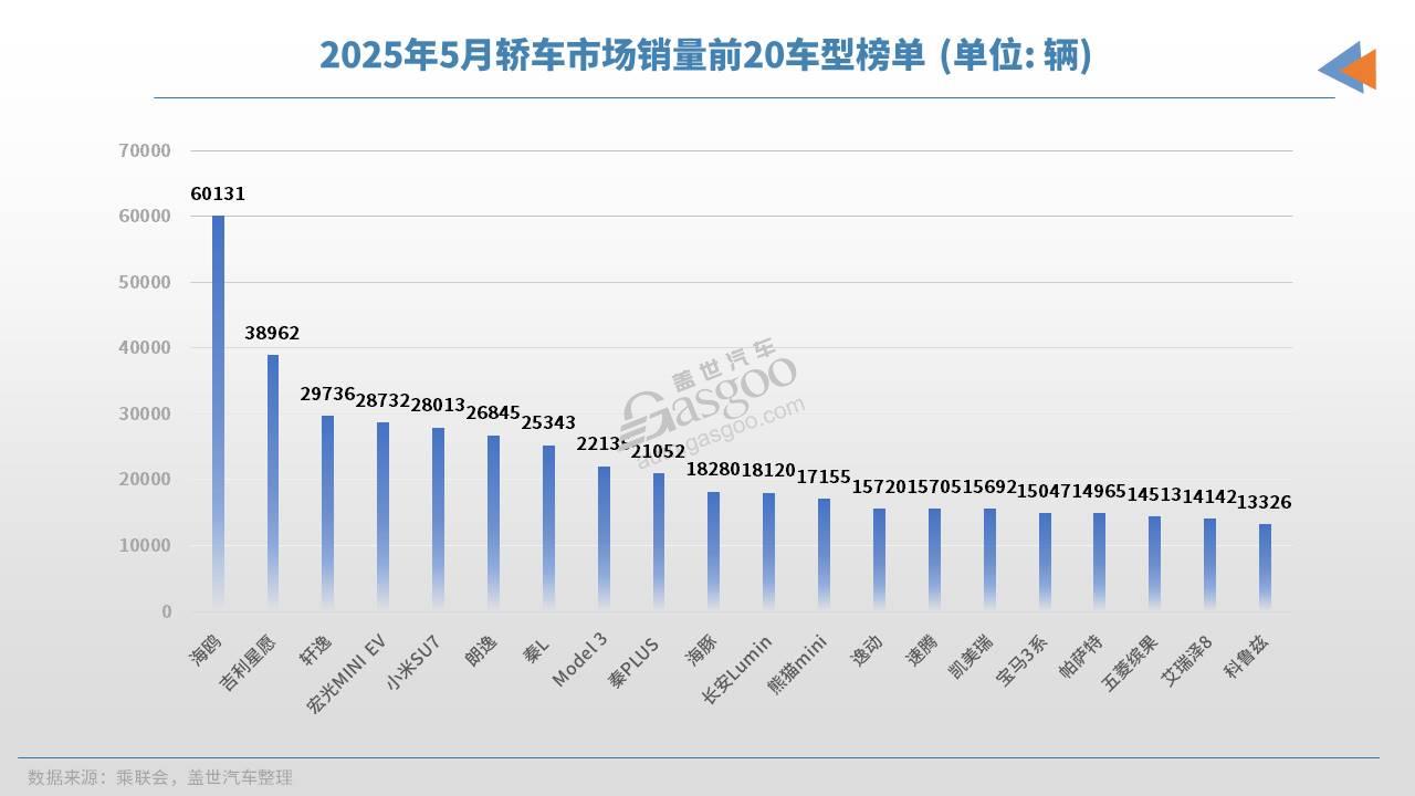 2025年5月轿车销量TOP20：海鸥月销破6万，高端市场也有自主新“王牌”