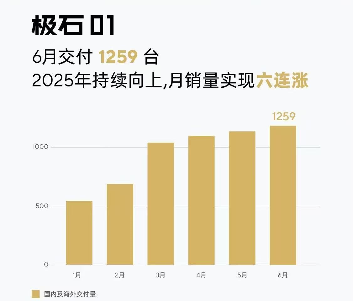 极石汽车6月交付1259台，实现月销量“六连涨”