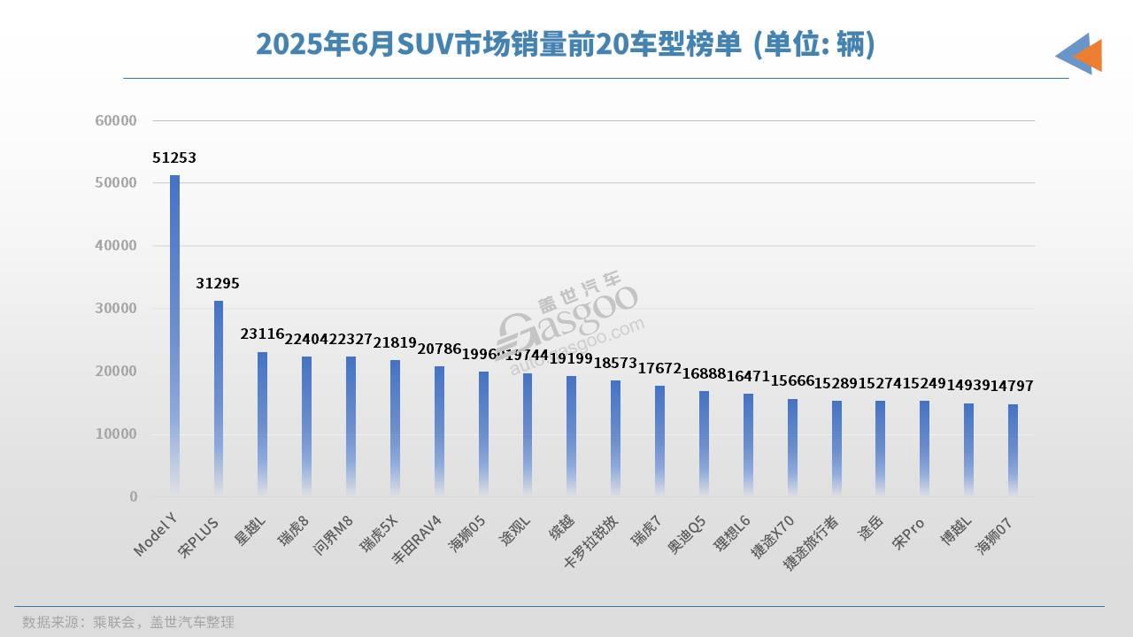 2025年6月SUV销量TOP20：Model Y月销破5万辆，自主“夺下”高端市场？