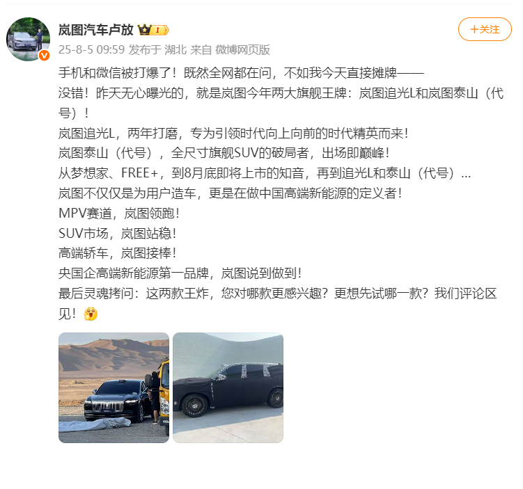 岚图CEO卢放确认两大旗舰车型：追光L轿车与泰山SUV