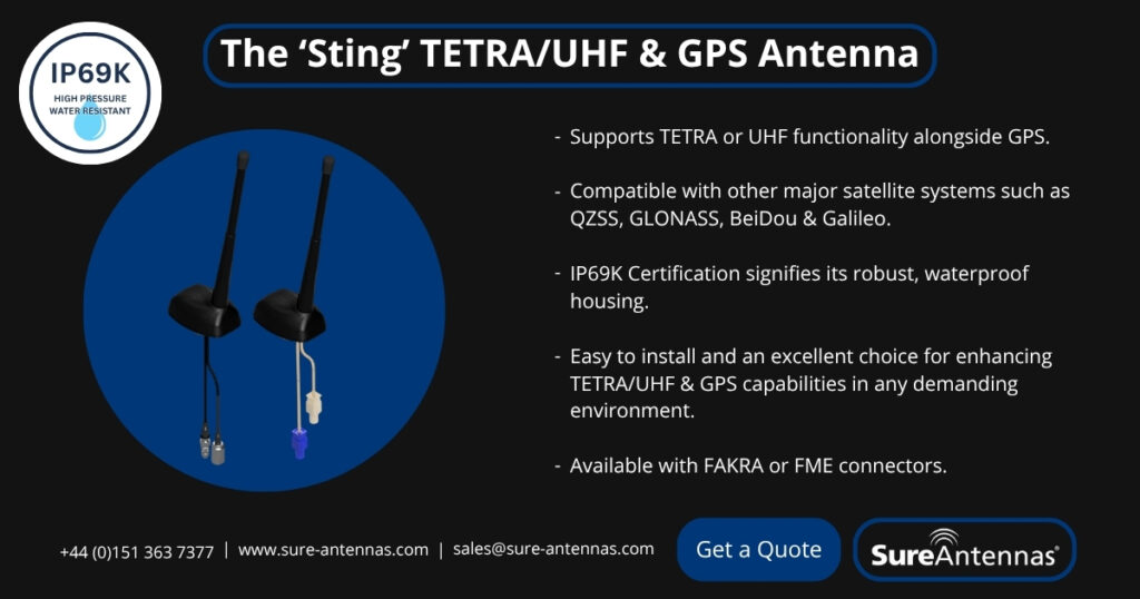 Sure Antennas推出IP69K级“Sting”和半隐蔽鲨鱼鳍天线
