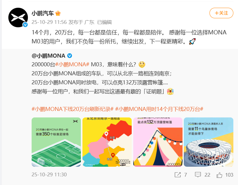 小鹏MONA M03第20万辆整车下线，用时14个月