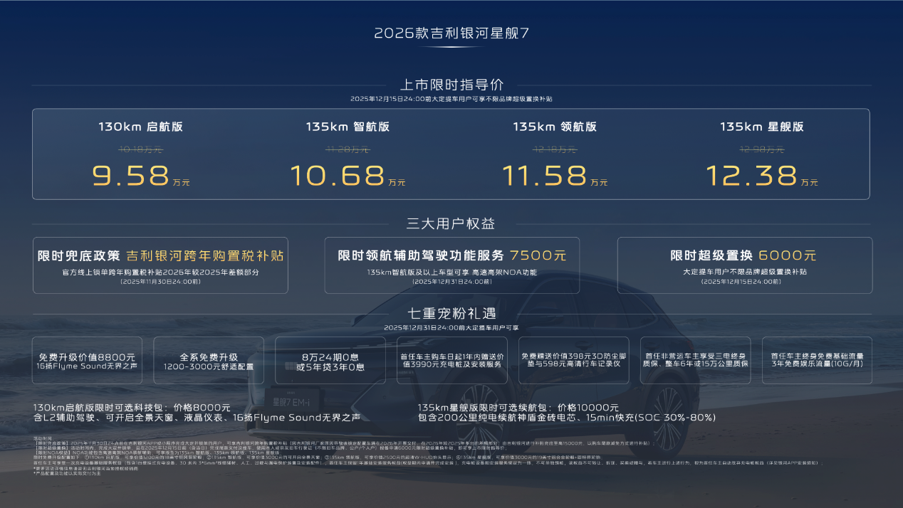 2026款吉利银河星舰7 EM-i上市，电混SUV进入“9万级”时代