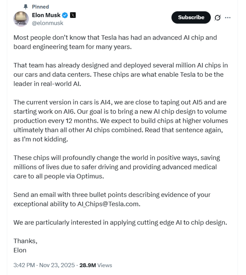 马斯克：特斯拉即将完成AI5芯片流片，AI6芯片启动研发